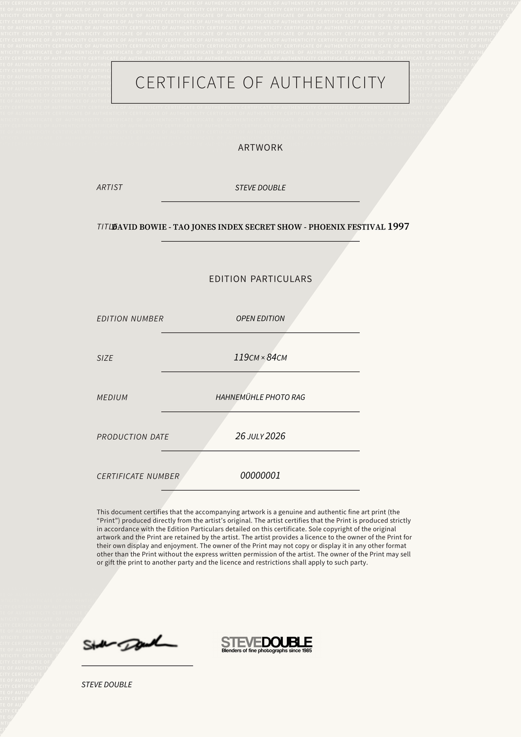 David Bowie - Tao Jones Index secret show - Phoenix Festival 1997 — Certificate of Authenticity