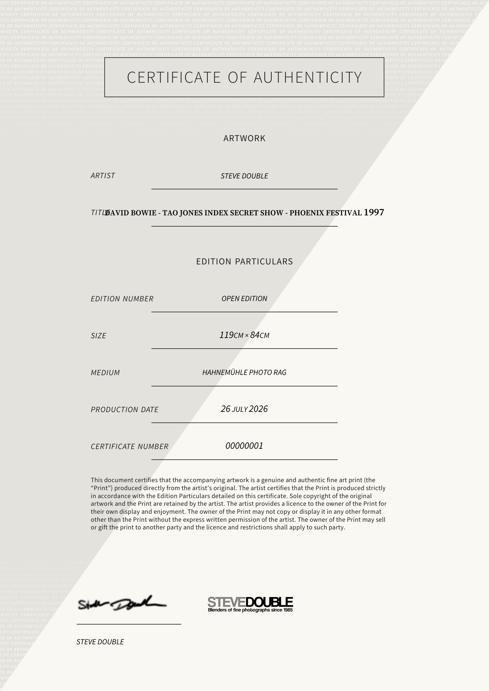 David Bowie - Tao Jones Index secret show - Phoenix Festival 1997 — Certificate of Authenticity